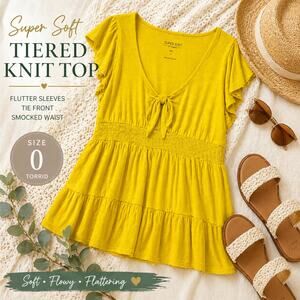 Torrid Super Soft Yellow Peplum Top Sz 0 Flutter Sleeve Smocked Waist Tie Front